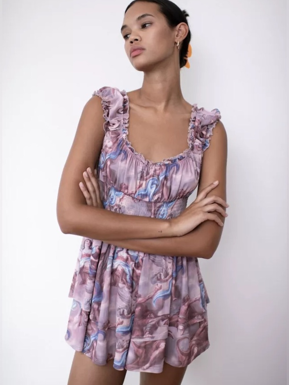Urban Outfitters Pink Marble-Print Ruffle Smocked Tank